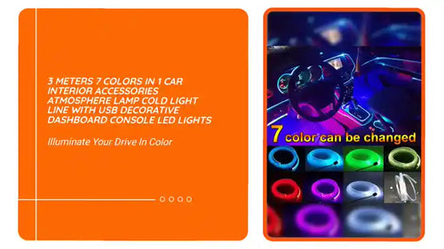 3 Meters 7 Colors in 1 Car Interior Accessories Atmosphere Lamp Cold Light Line With USB Decorative Dashboard Console LED Lights by@Outfy